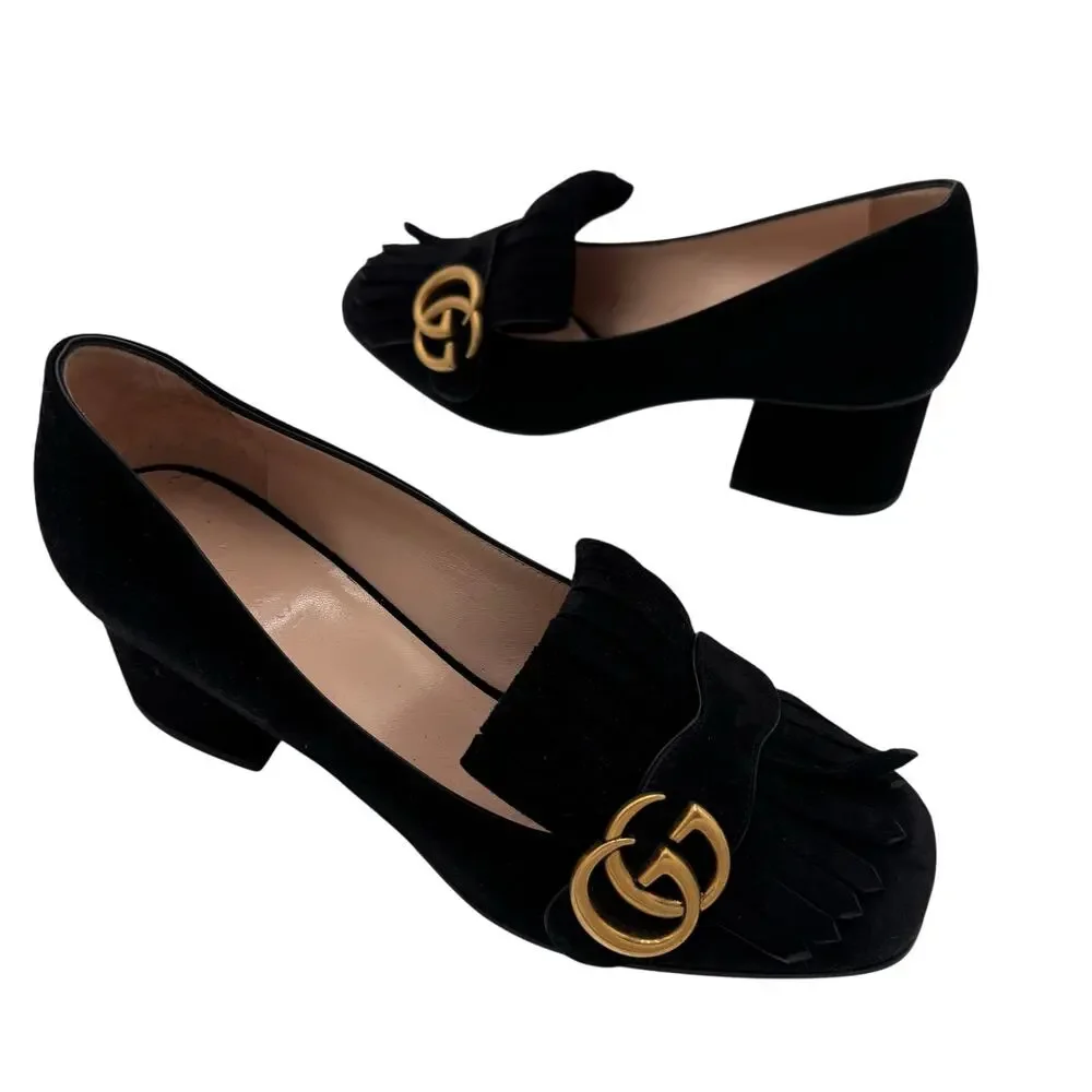 Gucci Marmont GG Fringe Kiltie Block Mid Heel Loafer Pumps Black Suede Size 37